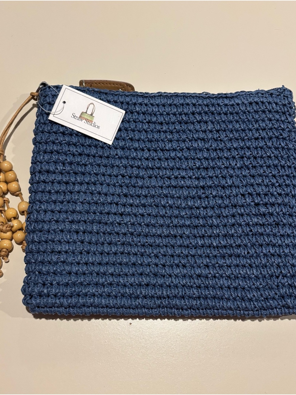 Straw Studios Dark Blue Woven Clutch with Bead Tassel
